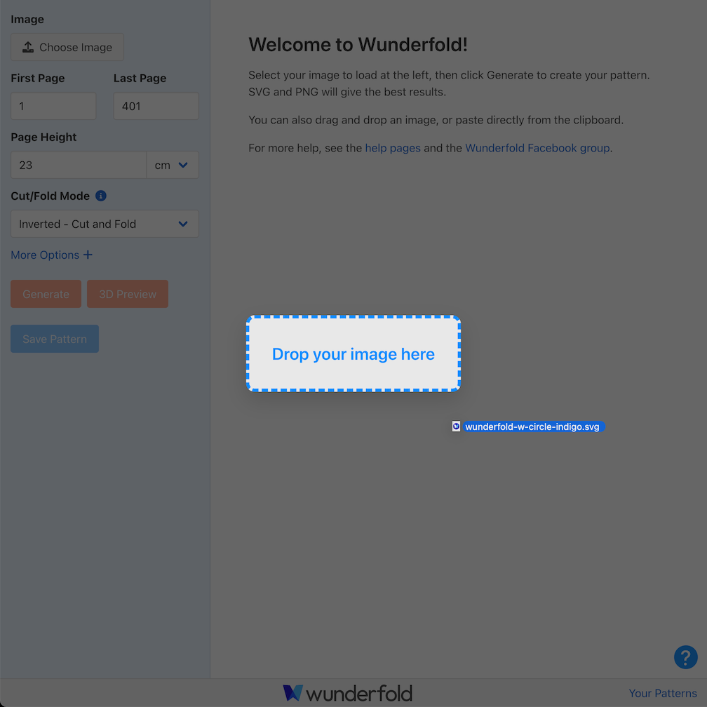 Wunderfold screenshot demonstrating drag-and-drop to load an image