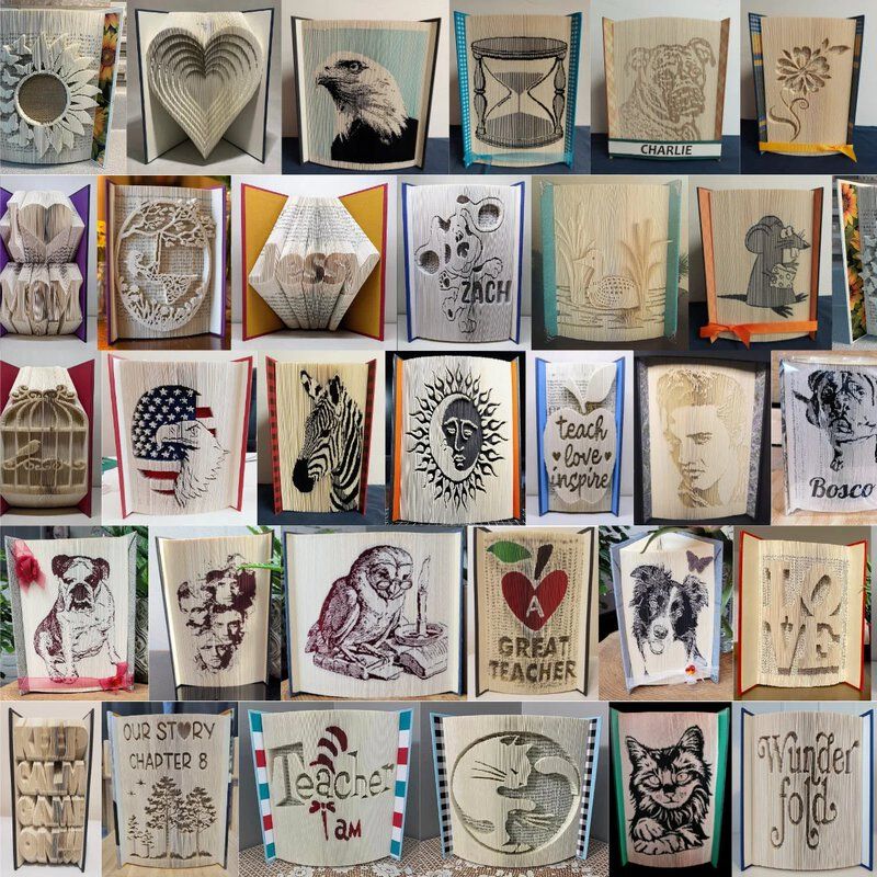 A collage of folded book art, all made using Wunderfold book folding pattern maker